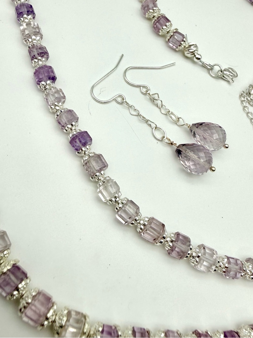 Elegant Pink Amethyst Necklace, Bracelet Earrings Set - Artisan